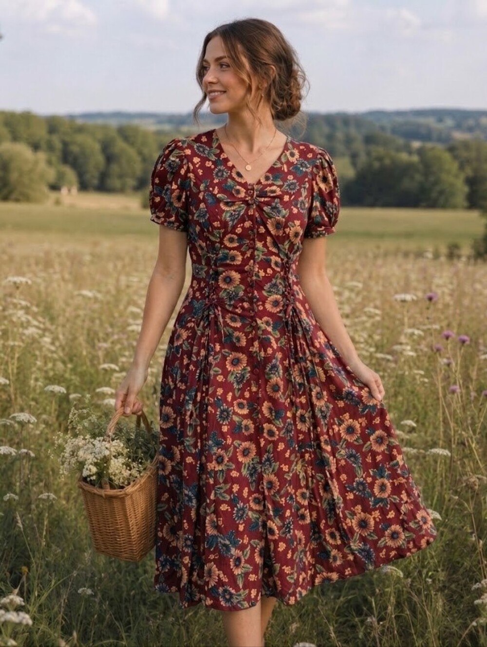 Vintage 90s Cottagecore Sunflower Red Button-Down Midi Dress XS/S Corset Waist